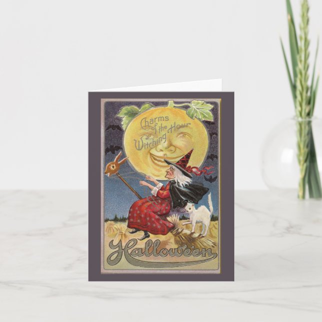 Vintagen Charme des Hexenhundes Halloween Karte (Vorderseite)