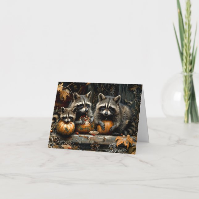 Vintagen drei Raccoons und Pumpkins Herbstlehne (Vorderseite)