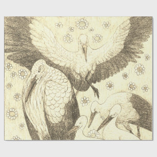 Vintagen fünf Störche auf einer zeichnend Wiese Geschenkpapier