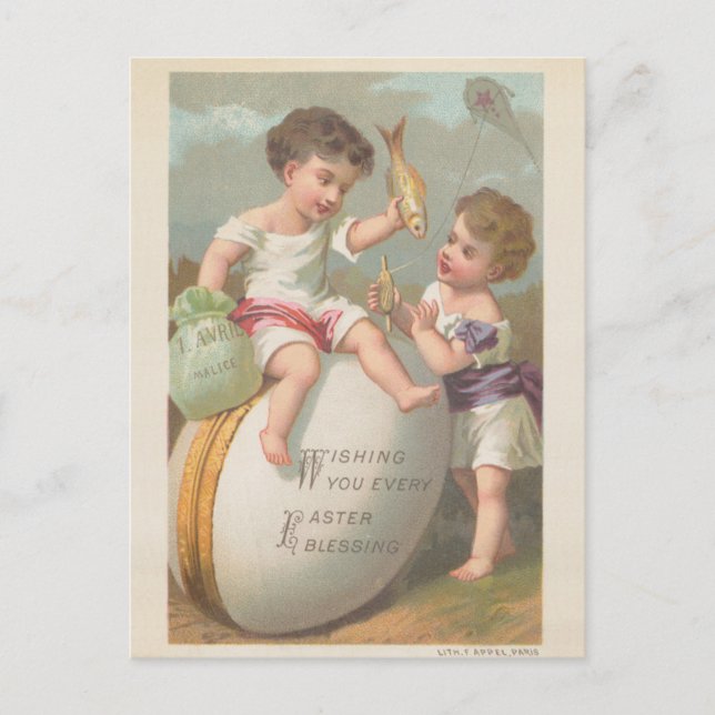 Vintagen niedliche Jungs spielen Ostersegnung Feiertagspostkarte (Vorderseite)