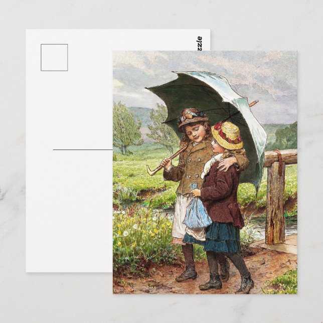 Vintagen zwei Mädchen unter einem Schirm Postkarte (Vorne/Hinten)