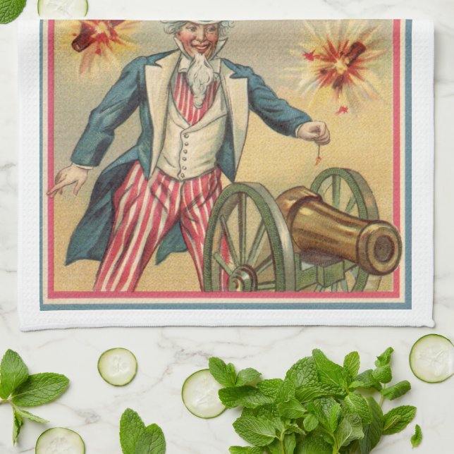 Vintager 4. Juli Feuerwerk mit Uncle Sam Geschirrtuch (Gefaltet)