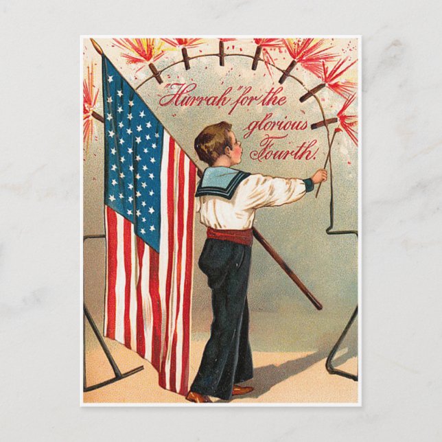 Vintager 4. Junge mit amerikanischer Flagge Postkarte (Vorderseite)