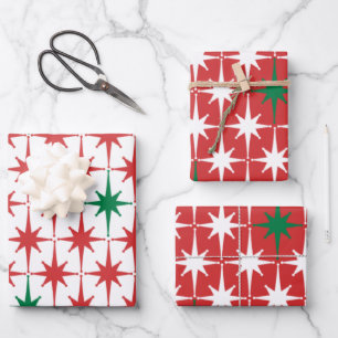 Vintager 50er Retro Christmas Star Patterns Red Geschenkpapier Set