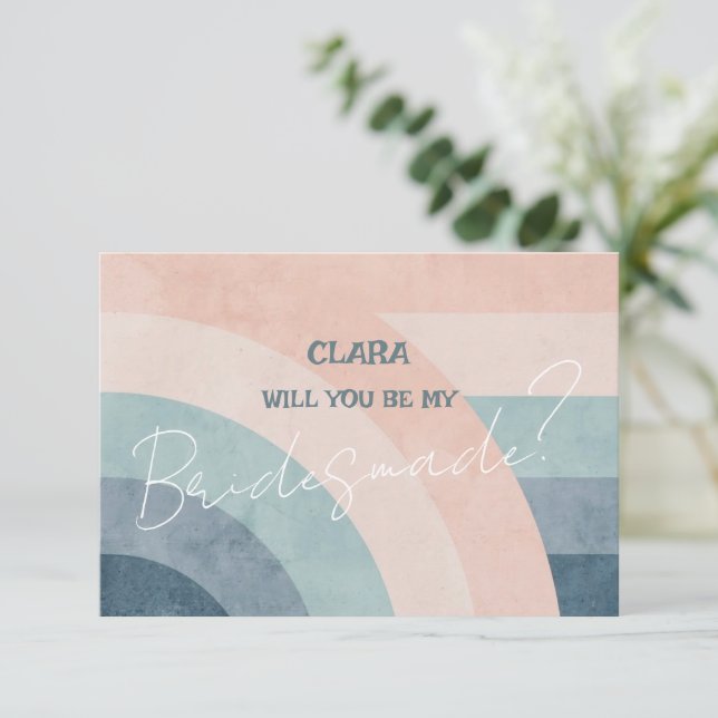 Vintager 70er Rainbow Wedding Bridesmade Einladung (Stehend Vorderseite)