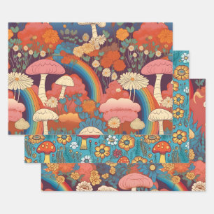 Vintager 70er Retro Hippie Style Pilz Boho Set 3 Geschenkpapier Set