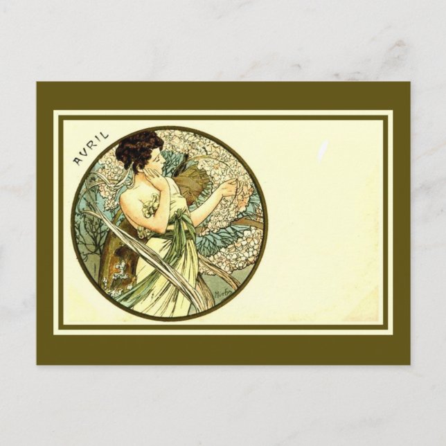 Vintager Alphonse Mucha Monat April Jugendstil Postkarte (Vorderseite)