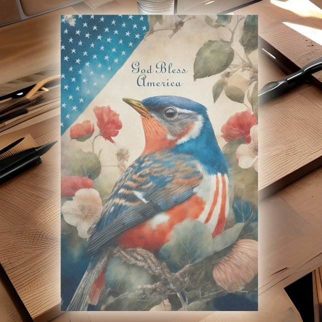 Vintager amerikanischer Robin Patriotic Floral Dec Seidenpapier (Vintage American bird decoupage paper)