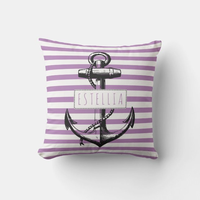 Vintager Ankerlavender gestreift nautisch Kissen (Vorderseite)