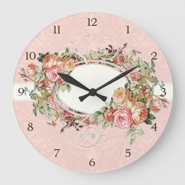Vintager antiker Rosen-Blumenblumenstrauß-moderner Große Wanduhr (Vorderseite)