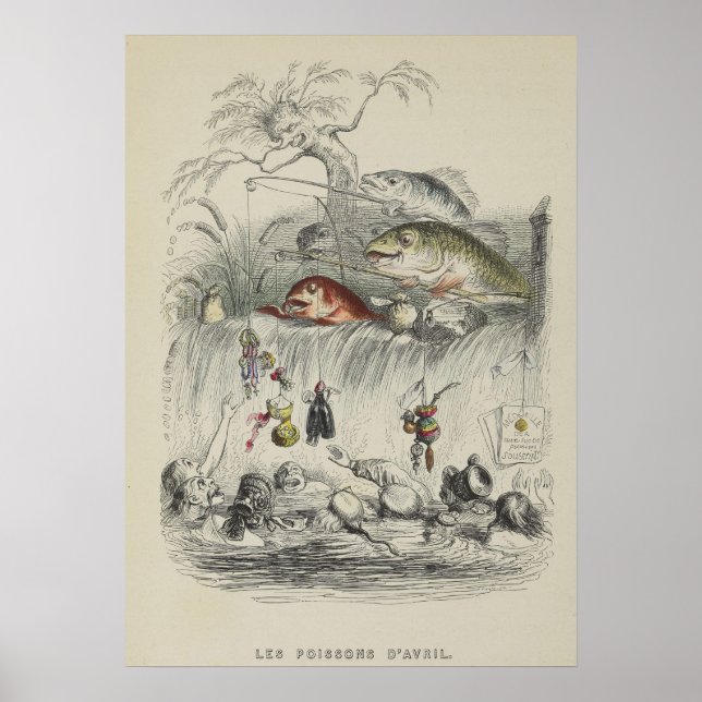 Vintager April Fools Spaß Grandville Fischen Poster (Vorne)