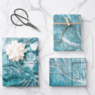 Vintager Aquamariner Blumenmuster Glitzer Sparkor Geschenkpapier Set