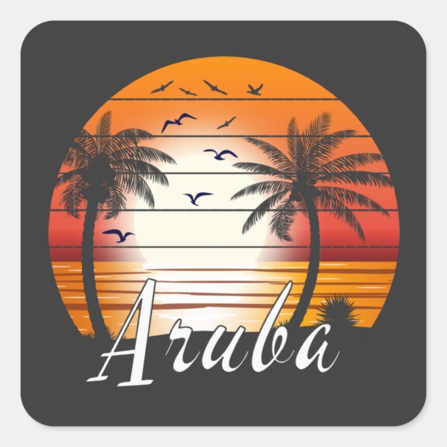 Vintager Aruba Palm Tree Summer Beach Quadratischer Aufkleber (Vorderseite)