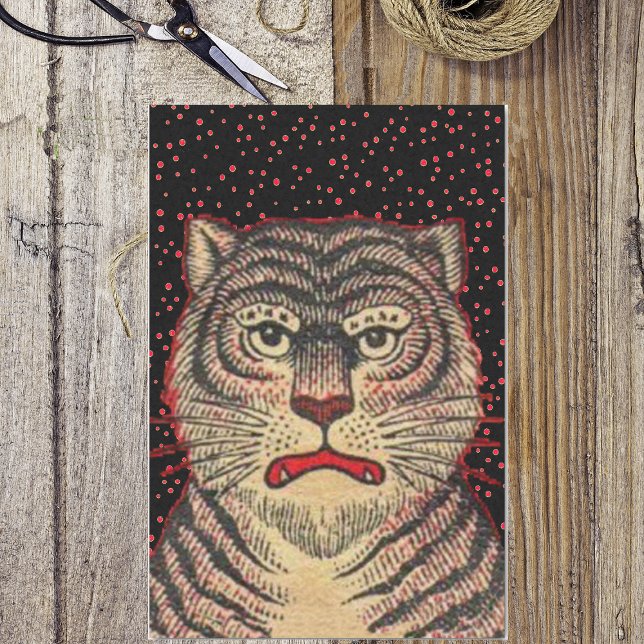 Vintager asiatischer Streifenreiter Seidenpapier (Asian tiger with fierce looking face and black stripes on black with red dots tissue wrapping paper.)