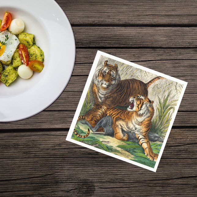 Vintager asiatischer Streifenreiter Serviette (Two bengal striped tigers in tall grass fighting over prey on napkins.)