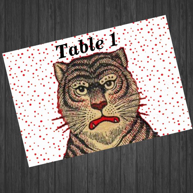Vintager asiatischer Streifenreiter Tischnummer (Head of fierce Asian tiger on white with red polka dots event table cards.)