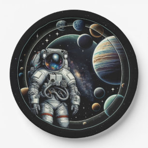 Vintager Astronaut und Planeten Pappteller
