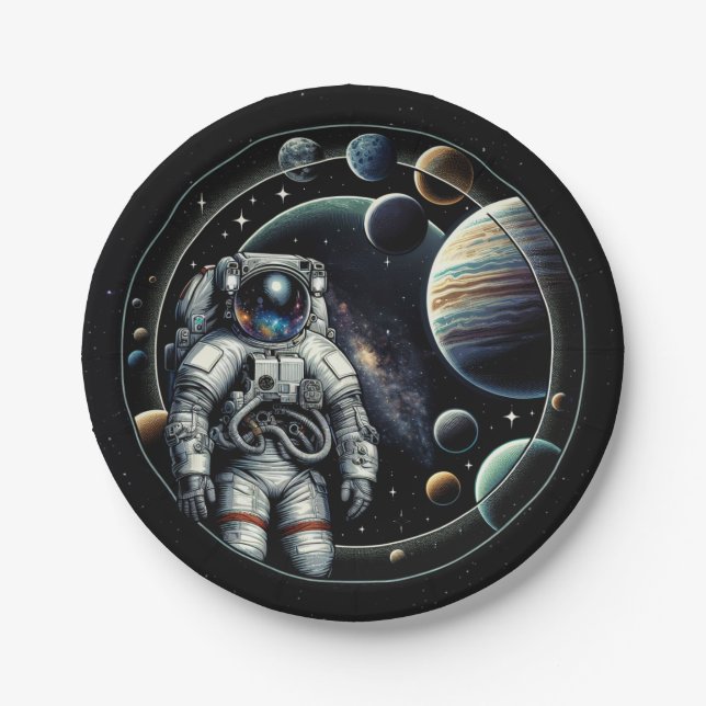 Vintager Astronaut und Planeten Pappteller (Vorderseite)