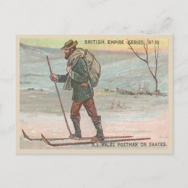 Vintager australischer Postbote, der Post auf Skis Postkarte (Vorderseite)
