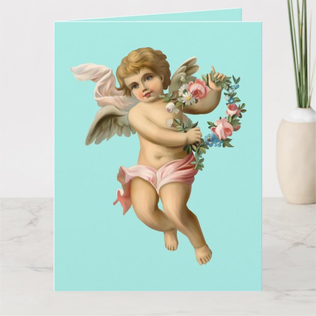 Vintager Baby-Cherub mit Blume Karte (Vorderseite)
