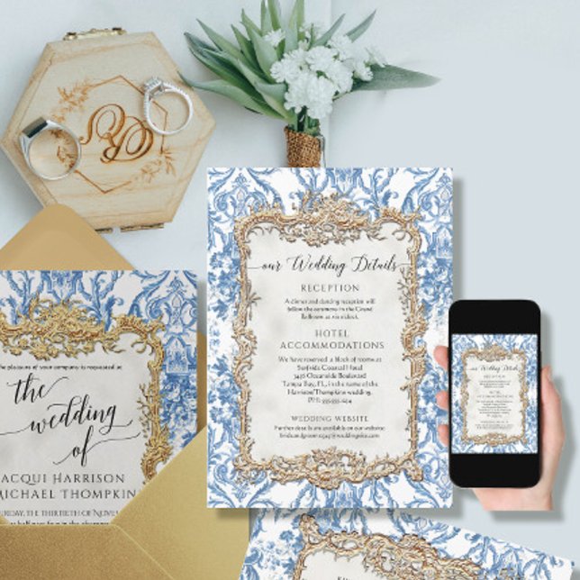 Vintager barocker Rokoko Blau Weiße Blumendetails Einladung (Von Creator hochgeladen)