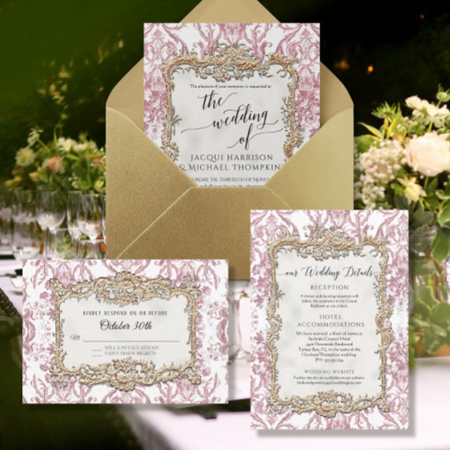 Vintager barocker Rokoko Blumendusty Pink Goldfoli Folieneinladung (Von Creator hochgeladen)