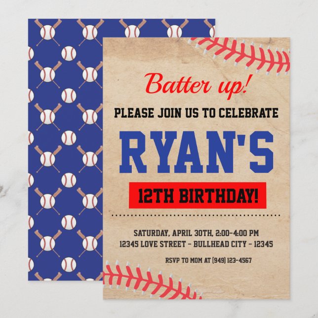 Vintager Baseball-Batter-Up-Junge zum Geburtstag Einladung (Vorne/Hinten)
