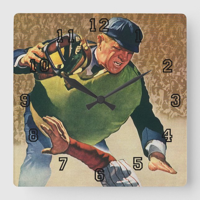 Vintager Baseballspieler, Umpire Quadratische Wanduhr (Vorderseite)
