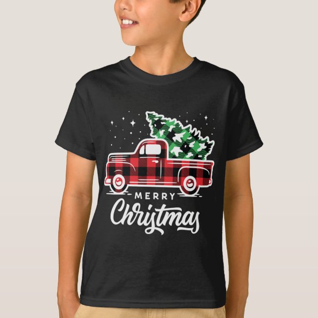 Vintager Bauernhof Roter LKW mit Weihnachtsbaum T-Shirt (Vorderseite)