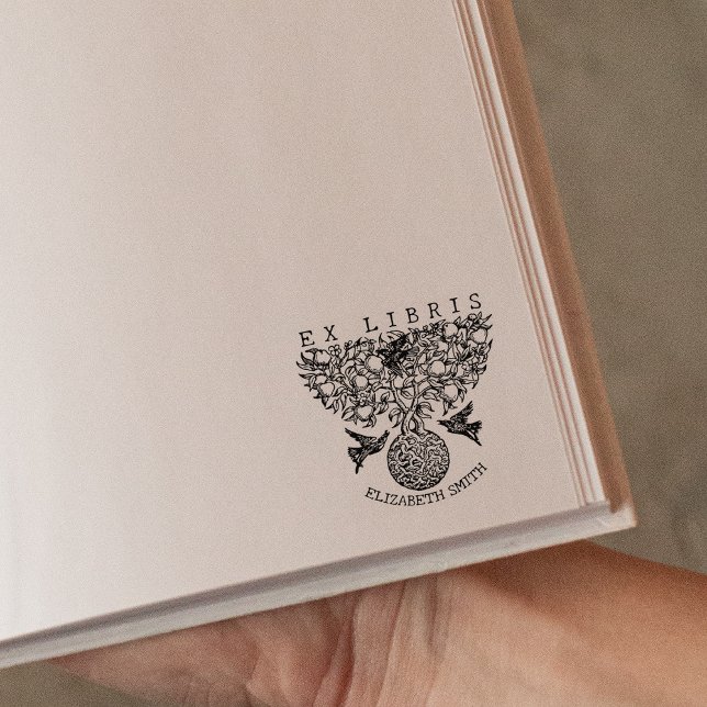 Vintager Baum mit Vögeln, Buch Ex Libris Gummistempel (Von Creator hochgeladen)