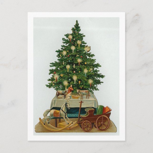 Vintager Baum und Holzspielzeug Feiertagspostkarte (Vorderseite)