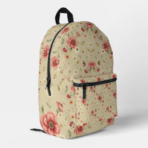 Vintager Beige-Rucksack mit rotem Blumenmuster Bedruckter Rucksack