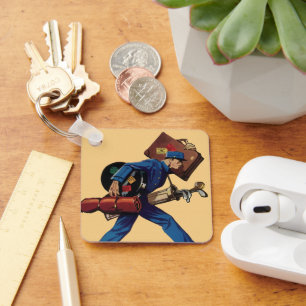 Vintager Bellhop in Uniform, Suitcase und Golf Clu Schlüsselanhänger