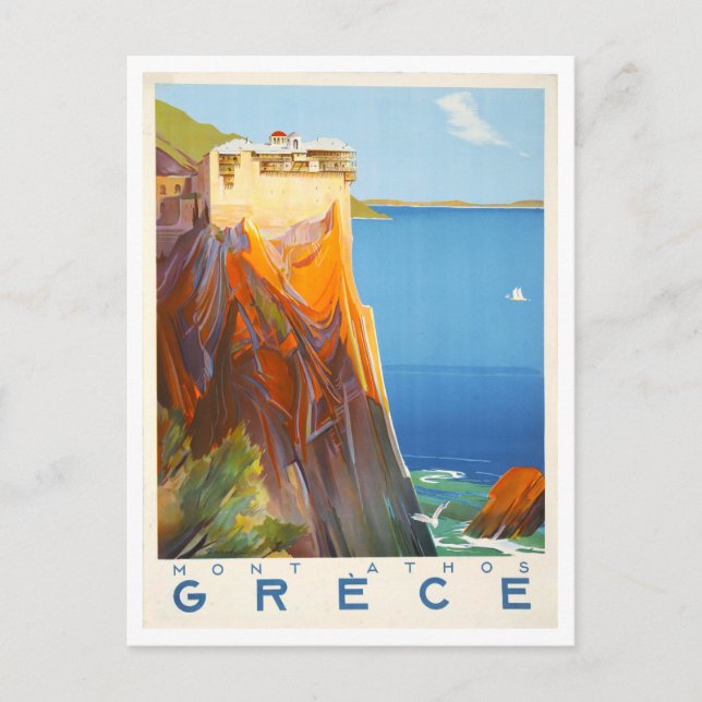 Vintager Berg Athos, Griechenland, Reiseplakat Postkarte (Vorderseite)