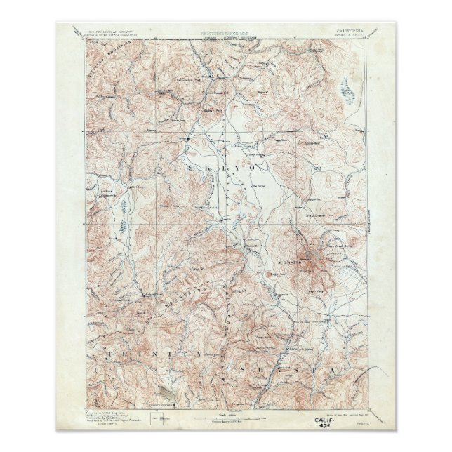 Vintager Berg Shasta Topografische Karte Fotodruck (Vorne)