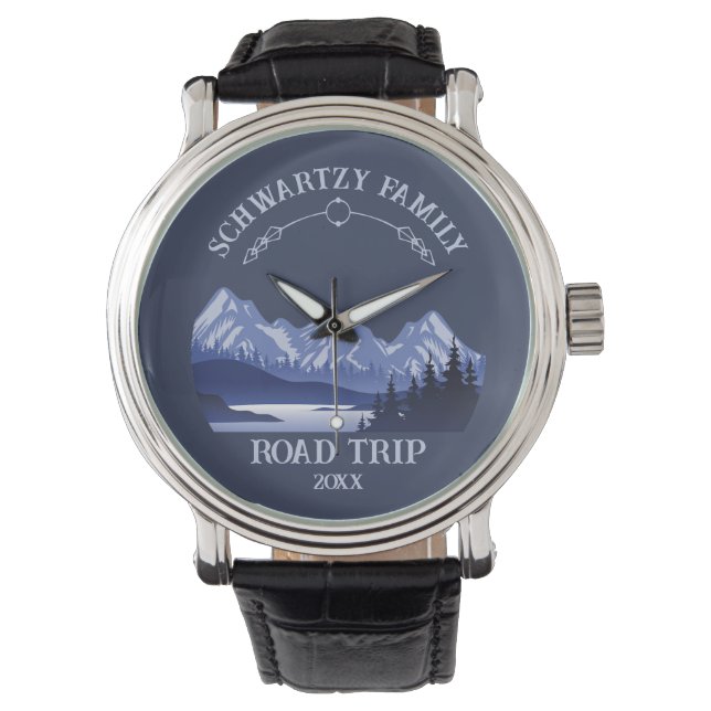 Vintager Berg Sonnenuntergang Außensee Retreat bla Armbanduhr (Vorderseite)