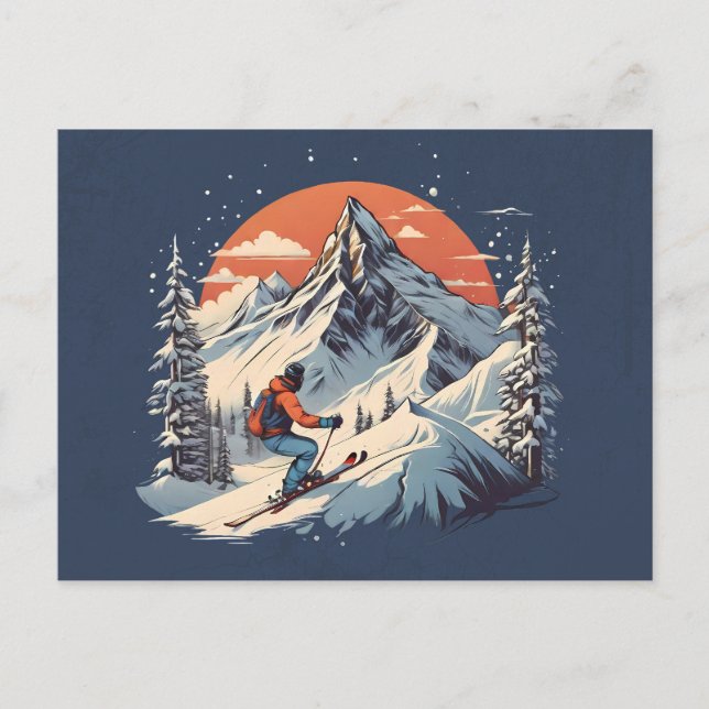 Vintager Bergpin Skifahren orange Sonnenuntergang Postkarte (Vorderseite)
