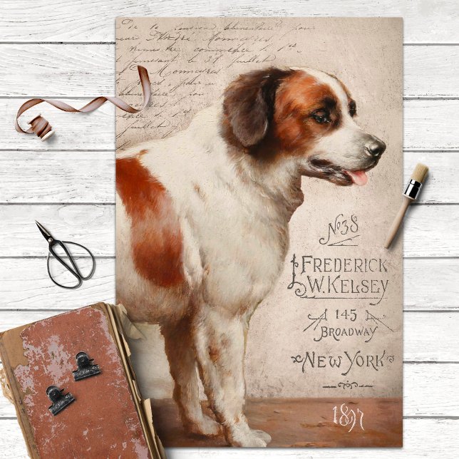 Vintager Bernard-Hund mit Ephemera Decoupage Seidenpapier (Von Creator hochgeladen)