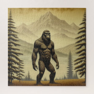 Vintager Bigfoot in den Bergen und Pinien