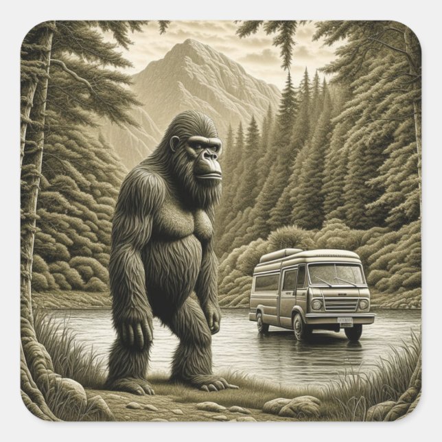 Vintager Bigfoot- und RV-Camper Quadratischer Aufkleber (Vorderseite)