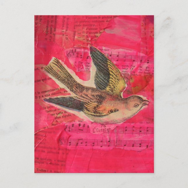Vintager Bird Mixed Media Collage Hot Pink Postkarte (Vorderseite)