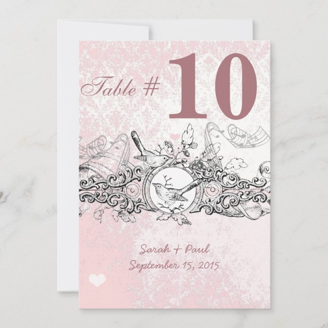 Vintager Bird Pink Musical Scroll Hochzeitstisch N Einladung (Vorderseite)