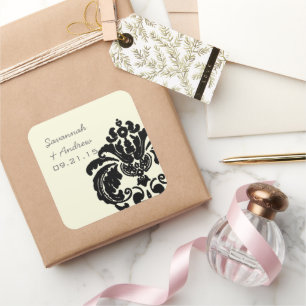Vintager Black Damask-Hochzeitsticker Quadratischer Aufkleber
