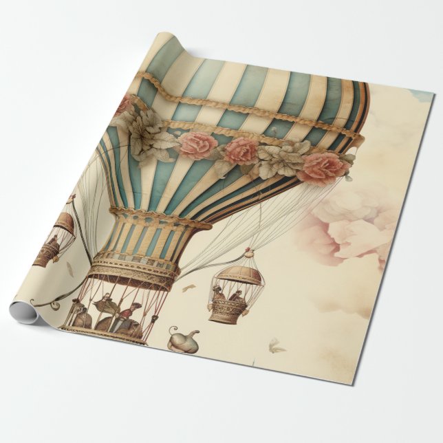 Vintager Bläserblauer Streifen Heißluftballon Geschenkpapier (Ungerollt)