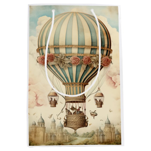 Vintager Bläserblauer Streifen Heißluftballon Mittlere Geschenktüte (Vorderseite)