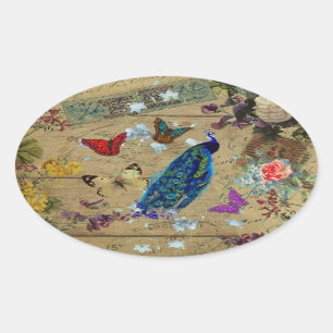Vintager blauer bunter Pfau-niedlicher Ovaler Aufkleber