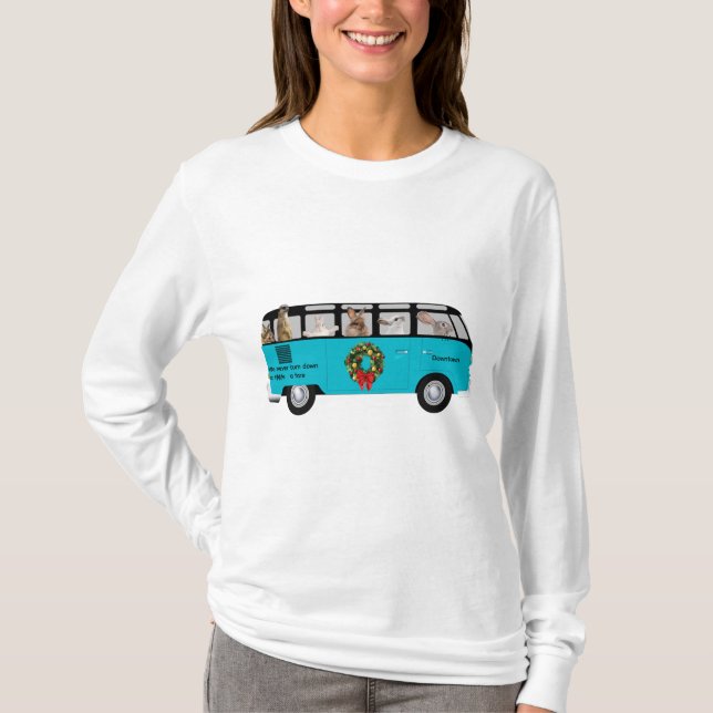Vintager blauer Bus Holiday Bunny Spaß T-Shirt (Vorderseite)