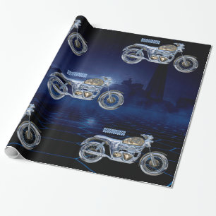 Vintager blauer goldener funkelnder Chrom-Chopper Geschenkpapier