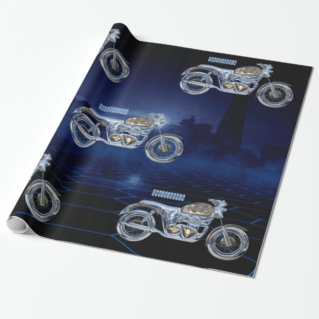 Vintager blauer goldener funkelnder Chrom-Chopper Geschenkpapier (Ungerollt)