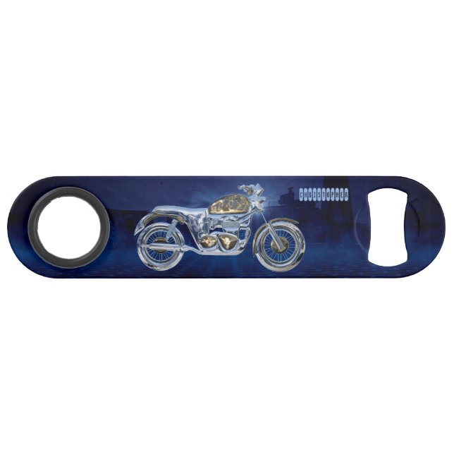 Vintager blauer goldener funkelnder Chrom-Chopper Speedflaschenöffner (Vorderseite (Horizontal))